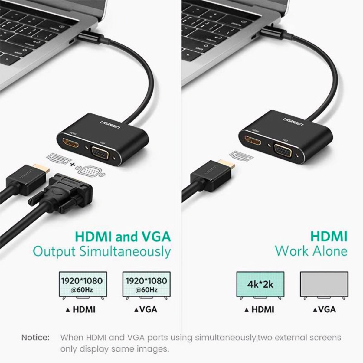 UGREEN CM449 Video Adapter, USB-A - HDMI / VGA, 1080P, Gray