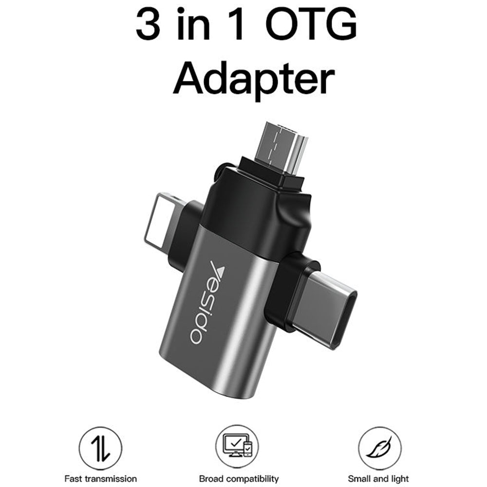 OTG Adapter Lightning / microUSB / USB-C - USB-A Yesido GS15, Black