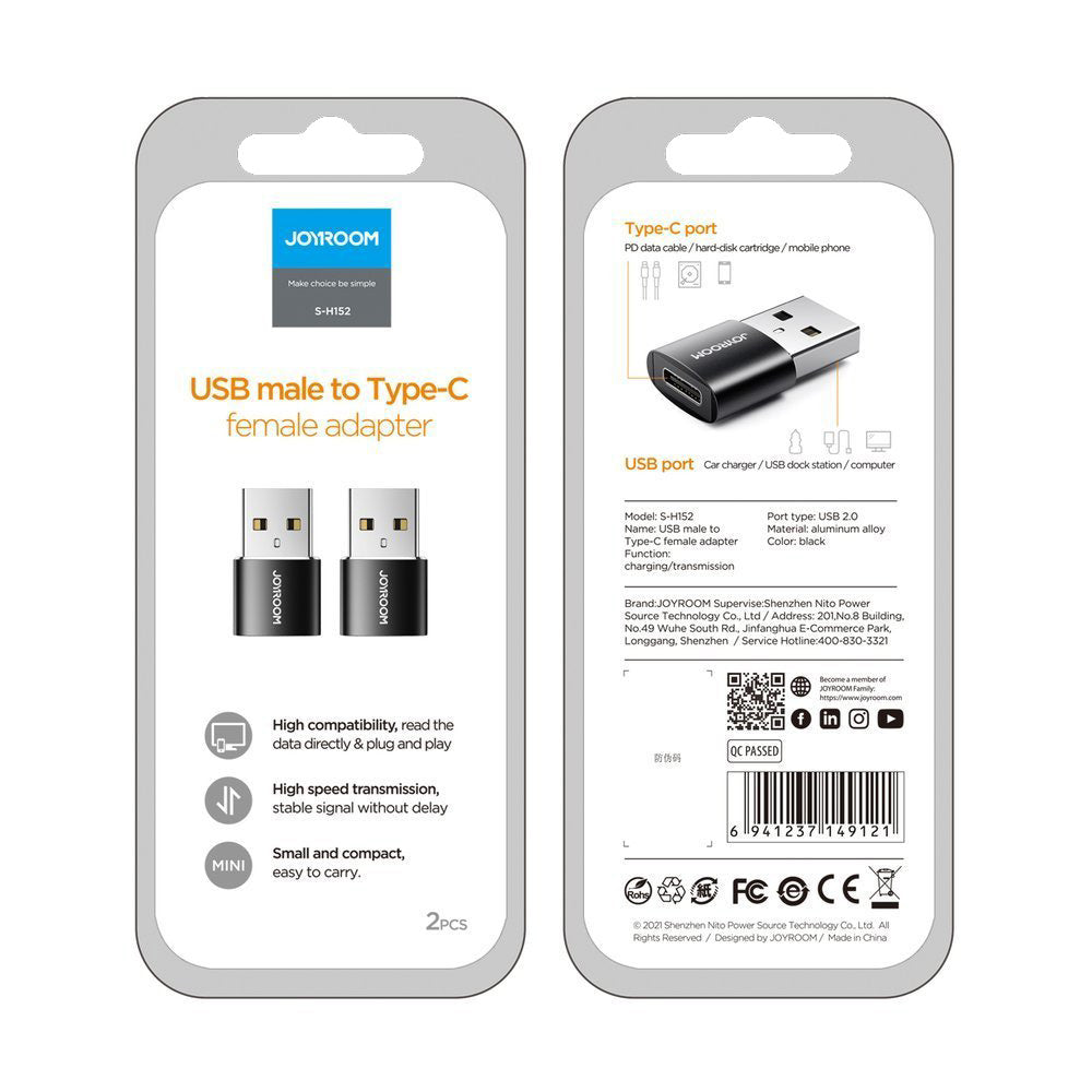 USB-C to USB-A Data and Charging Adapter Joyroom S-H152, Set of 2 Pieces, Black