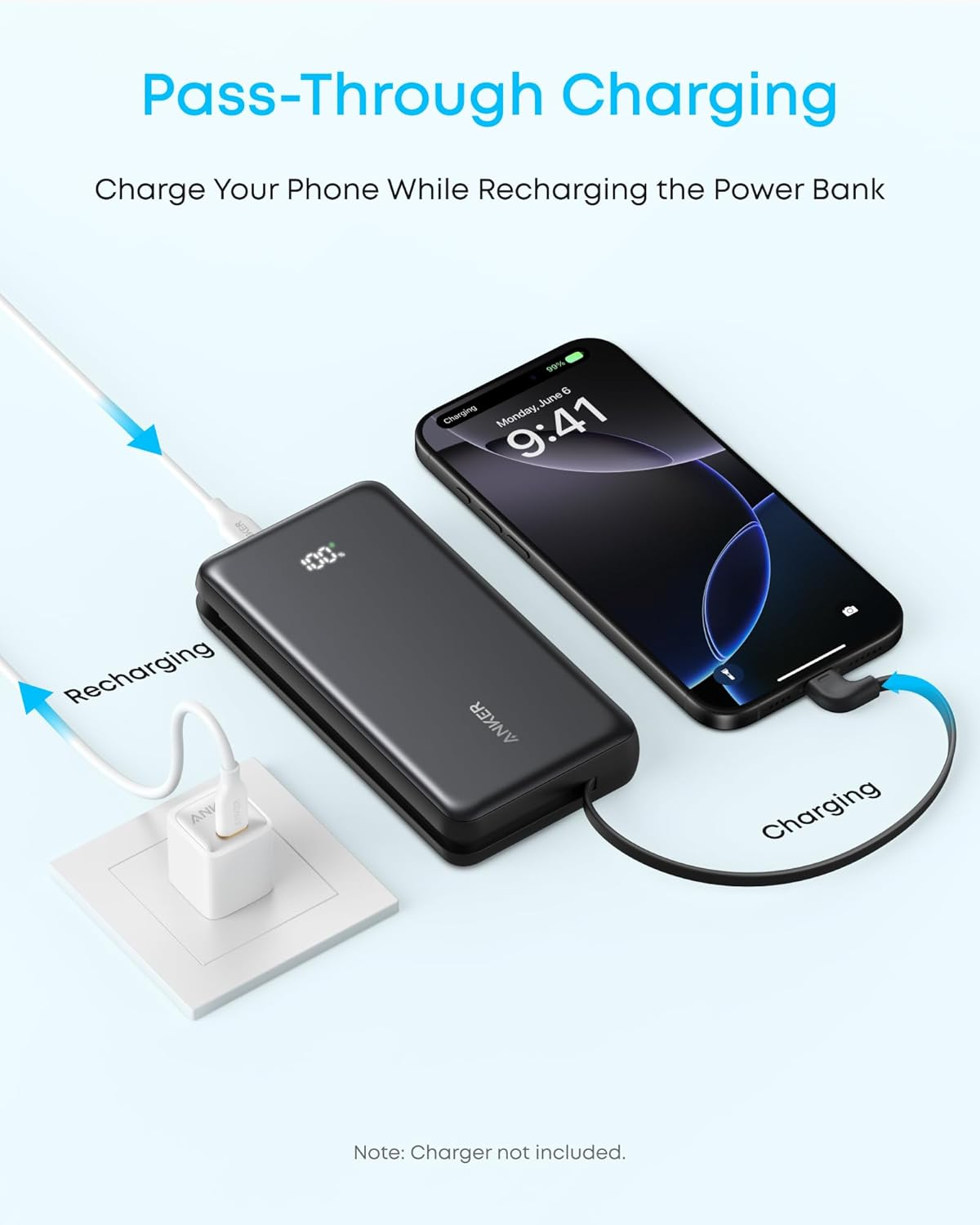 Anker Zolo External Battery, 10000mAh, 22.5W, QC + PD, 1 x USB-A - 2 x USB-C, Black A110DH11