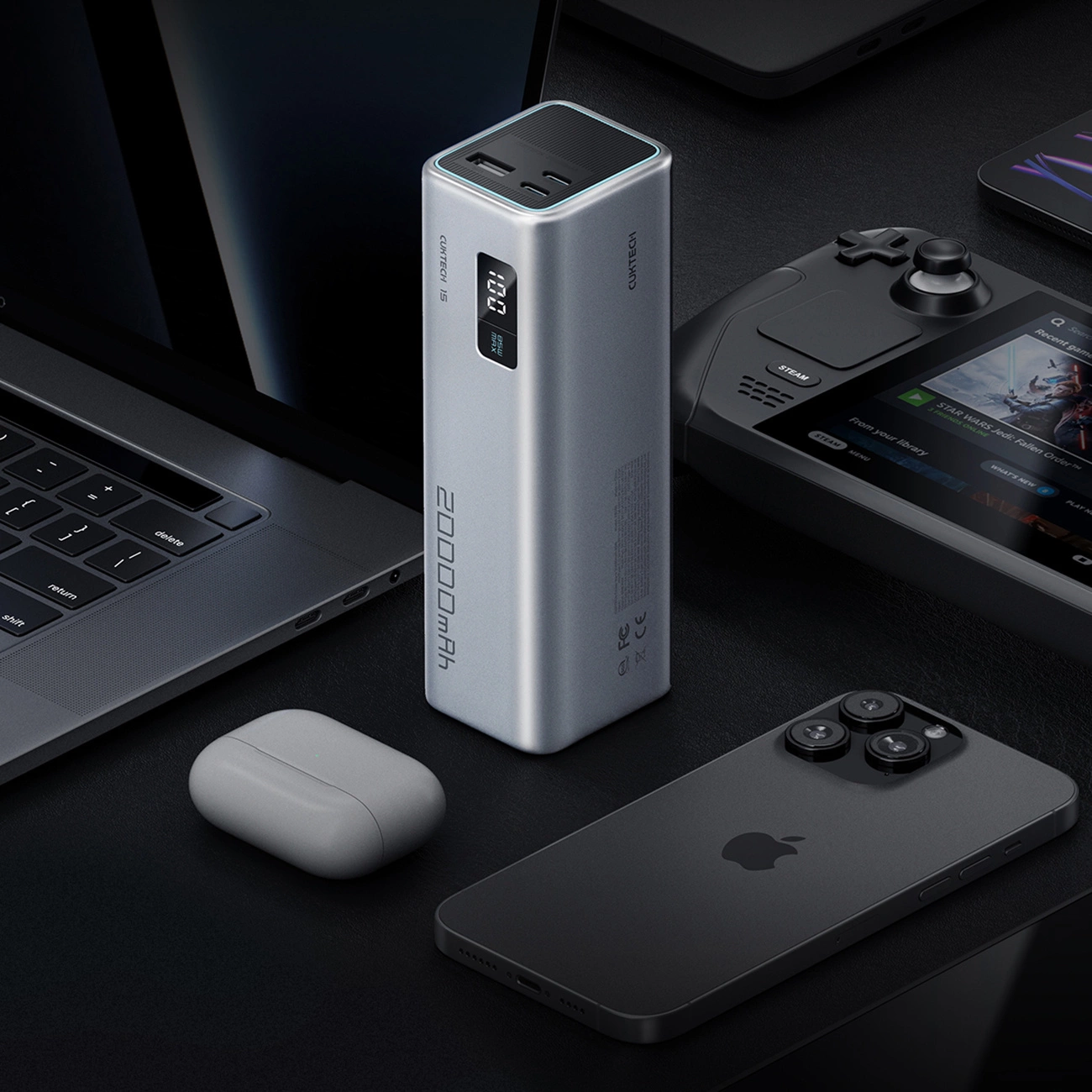 Cuktech External Battery, 20000mAh, 100W, QC + PD, 1 x USB-A - 2 x USB-C, Gray CUKP200XGLGR