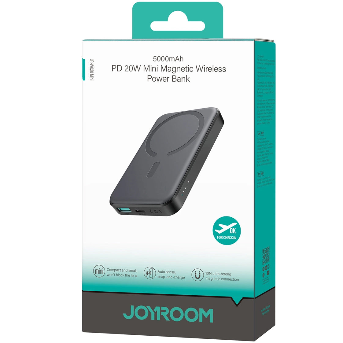 Joyroom JR-W020 Mini Wireless External Battery, 5000mAh, 20W, QC + PD + FQI, 1 x QI - 1 x USB-A - 1 x USB-C, Black