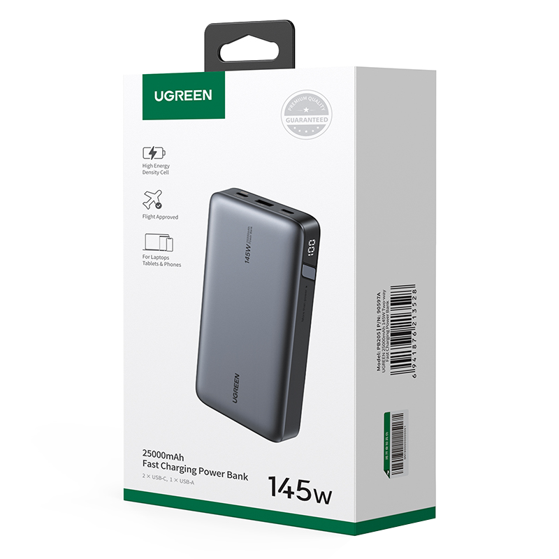 UGREEN PB205 External Battery, 25000mAh, 145W, QC + PD, 1 x USB-A - 2 x USB-C, Gray
