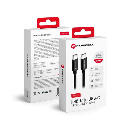 USB-C Data and Charging Cable - USB-C Forcell F-Energy C338, 60W, 3m, Black