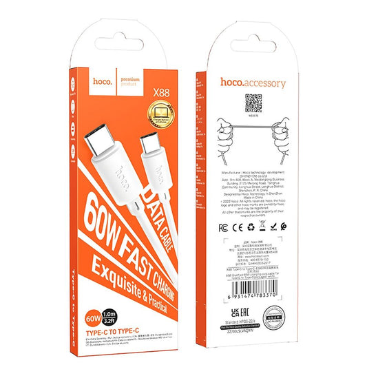 USB-C Data and Charging Cable - USB-C HOCO X88, 60W, 1m, White