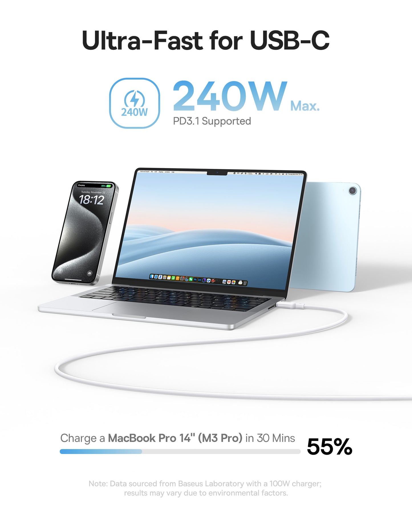 USB-C Data and Charging Cable - USB-C Baseus PicoGo, 240W, 1m, White P10376800211-00