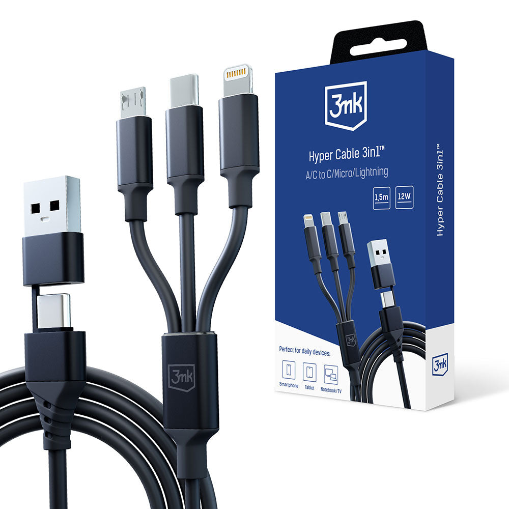 USB-A / USB-C Charging Cable - Lightning / microUSB / USB-C 3MK Hyper 3in1, 12W, 1.5m, Black