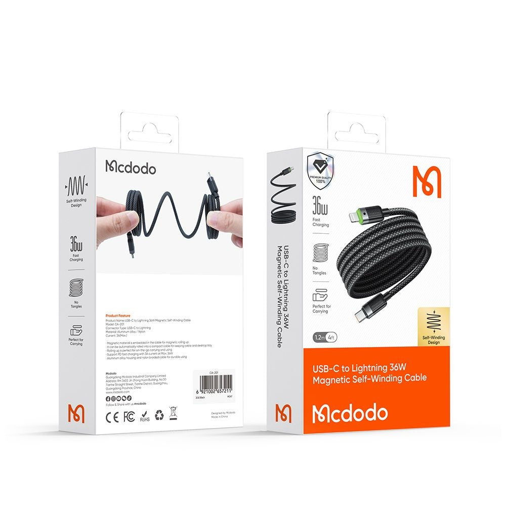 USB-C to Lightning McDodo CA-2010 Self Winding Data and Charging Cable, 36W, 1.2m, Black
