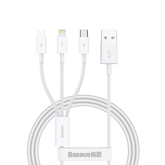 Charging Cable USB-A - Lightning / microUSB / USB-C Baseus Superior 3in1 Series, 20W, 0.5m, White