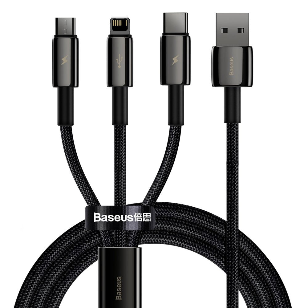 Baseus Tungsten Gold 3in1 USB-A Charging Cable - Lightning / microUSB / USB-C, 18W, 1.5m, Black CAMLTWJ-01