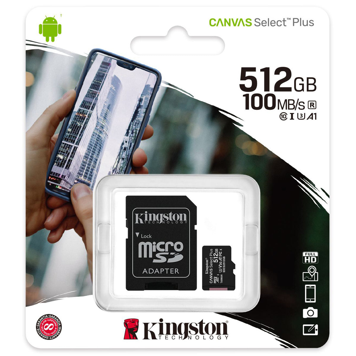Kingston Canvas Select Plus Android A1 microSDXC Memory Card, 512GB, Class 10 / UHS-1 U3, With Adapter SDCS2/512GB