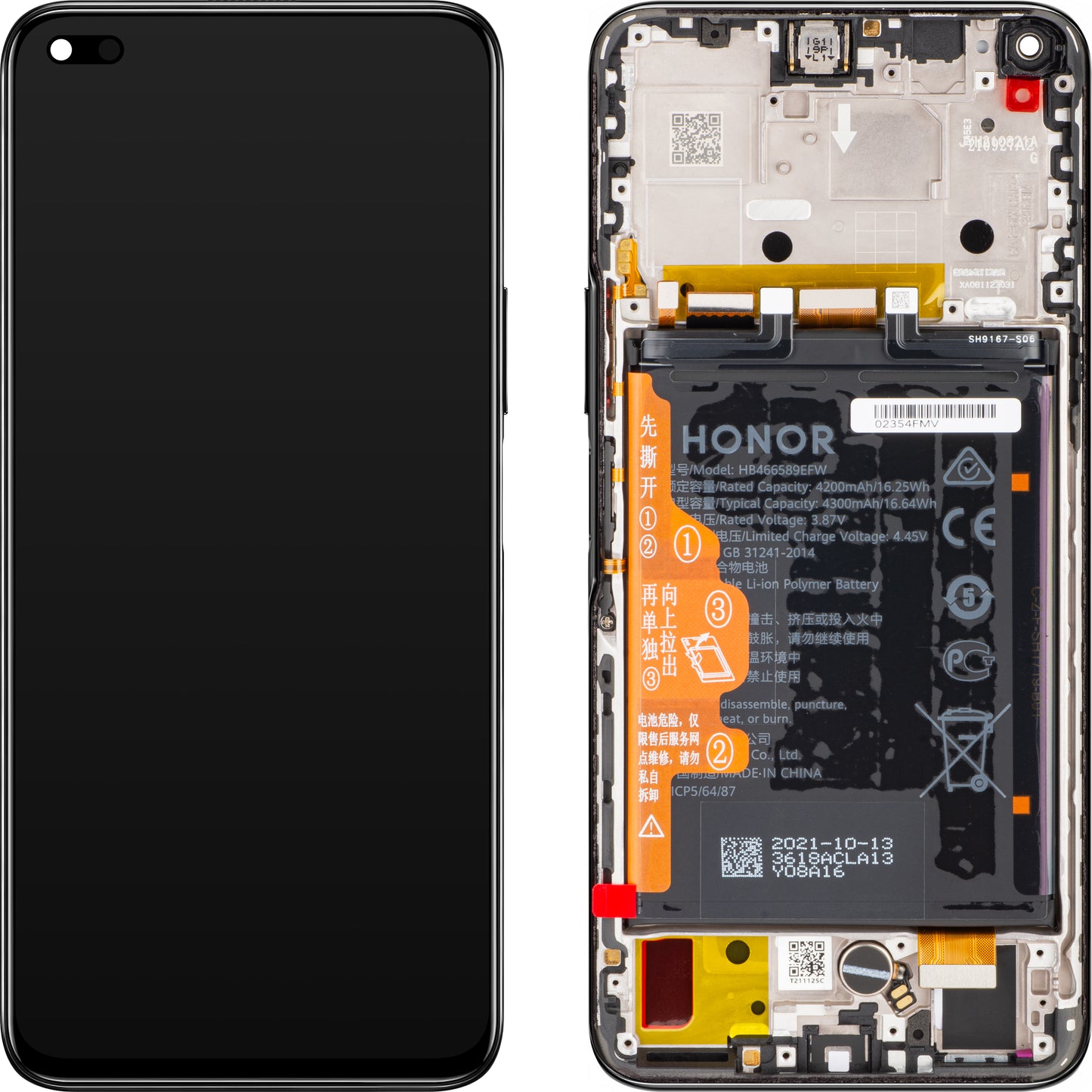 Touchscreen Display Honor 50 Lite, with Frame and Battery, Black (Midnight Black), Service Pack 02354FMV