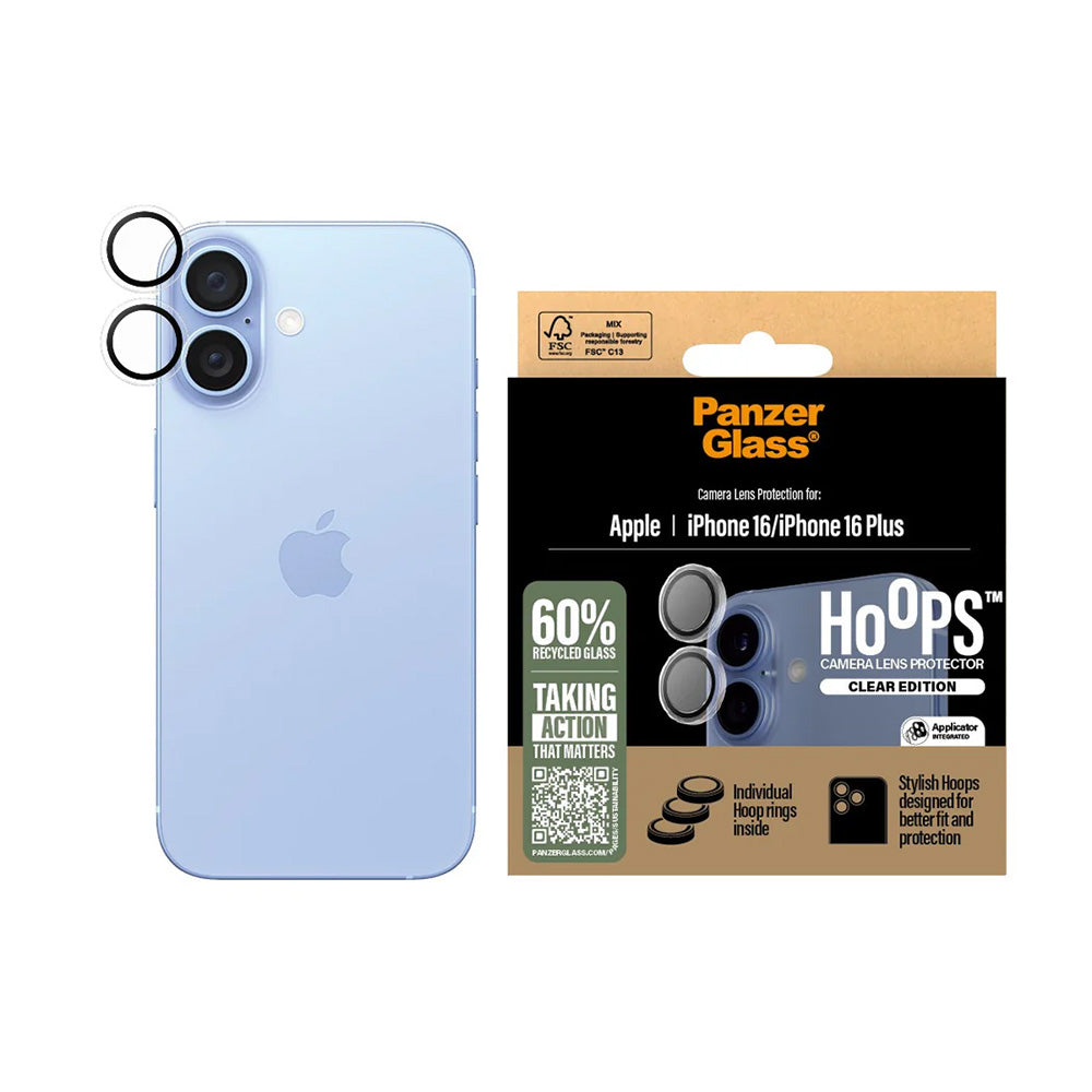 Back Camera Protection Film PanzerGlass Hoops for Apple iPhone 16 Plus / 16, Tempered Glass, Transparent