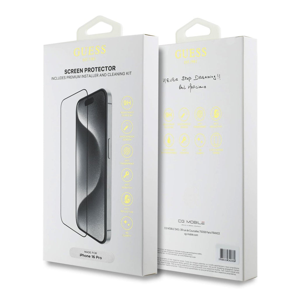 Guess Classic Outline Screen Protector for Apple iPhone 16, Tempered Glass, Full Glue, 2.5D, Black