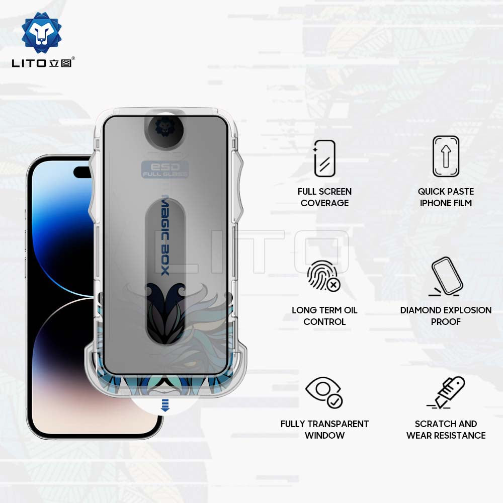 Privacy Screen Protector Lito Magic Glass Box D+ Tools for Apple iPhone 14 Pro Max, Tempered Glass, Full Glue