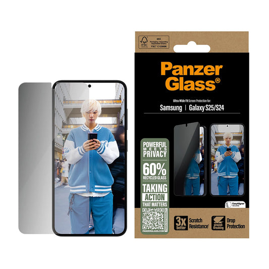 Privacy Screen Protector PanzerGlass Ultra-Wide Fit for Samsung Galaxy S25 S931 / S24 S921, Tempered Glass, Full Glue