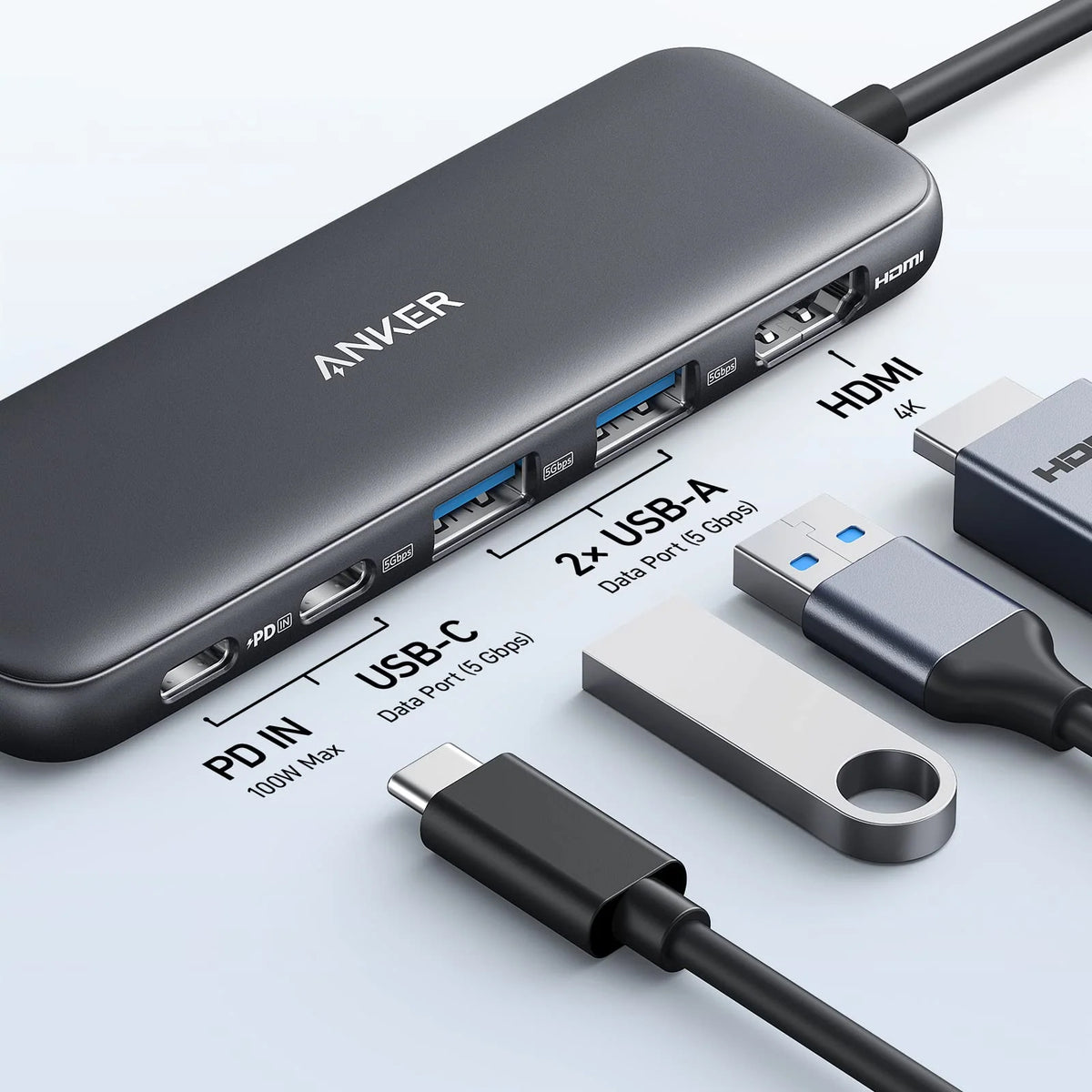 Anker 332 USB-C Hub, 2 x USB-A - 2 x USB-C - 1 x HDMI, Gray A8355H11
