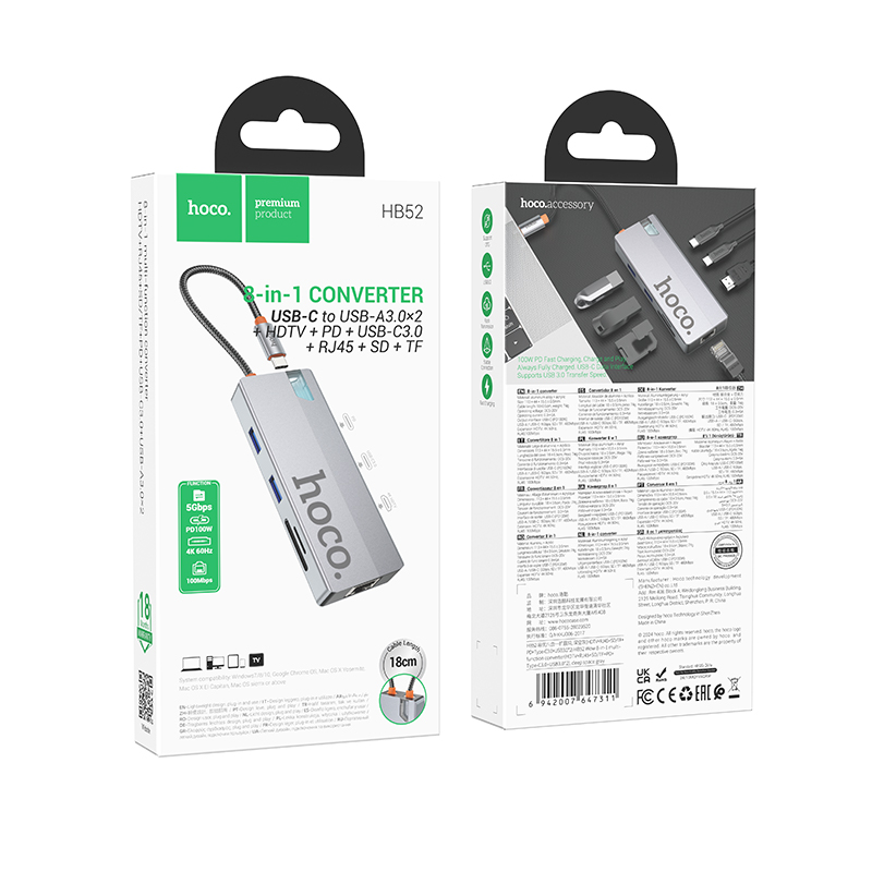 HOCO HB52 USB-C Hub, 2 x USB-A 3.0 - 2 x USB-C - 1 x HDMI - 1 x RJ45 - 1 x SD - 1 x microSD, Gray