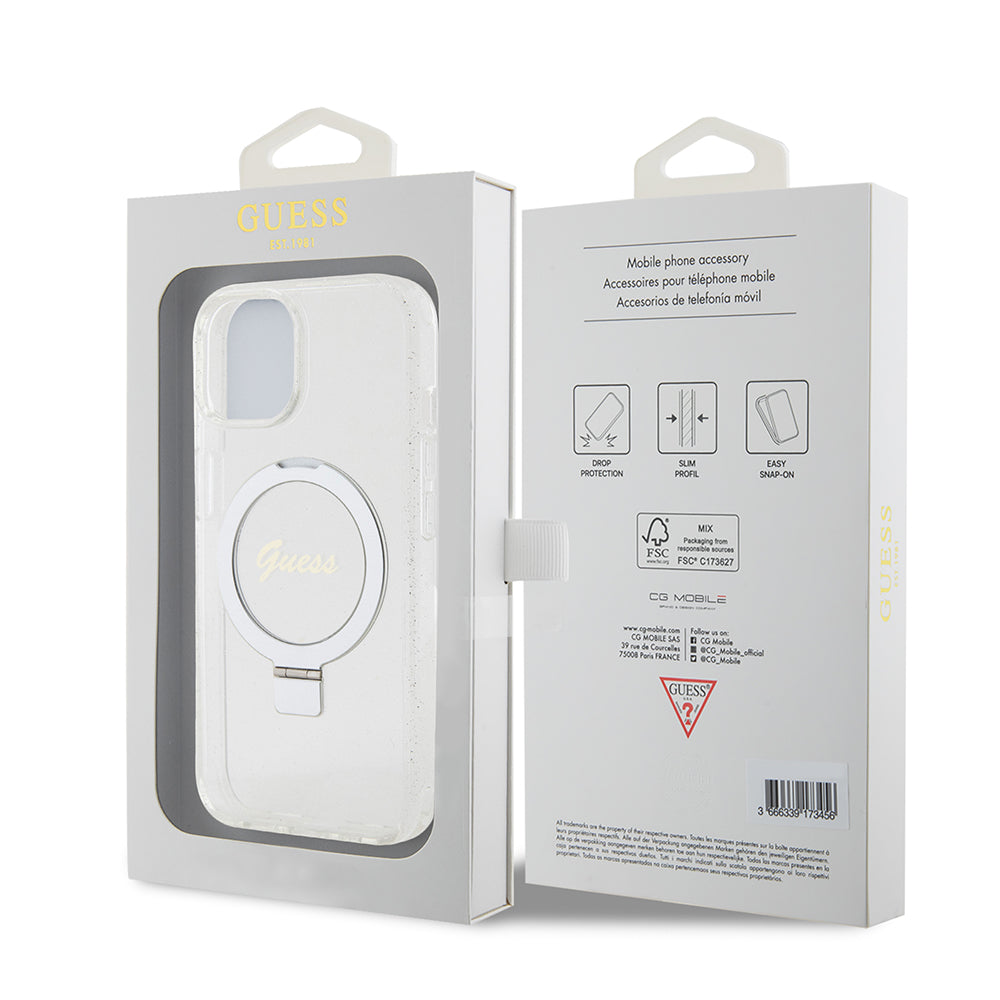 MagSafe Case for Apple iPhone 15, Guess, Ring Stand Script Glitter, Transparent