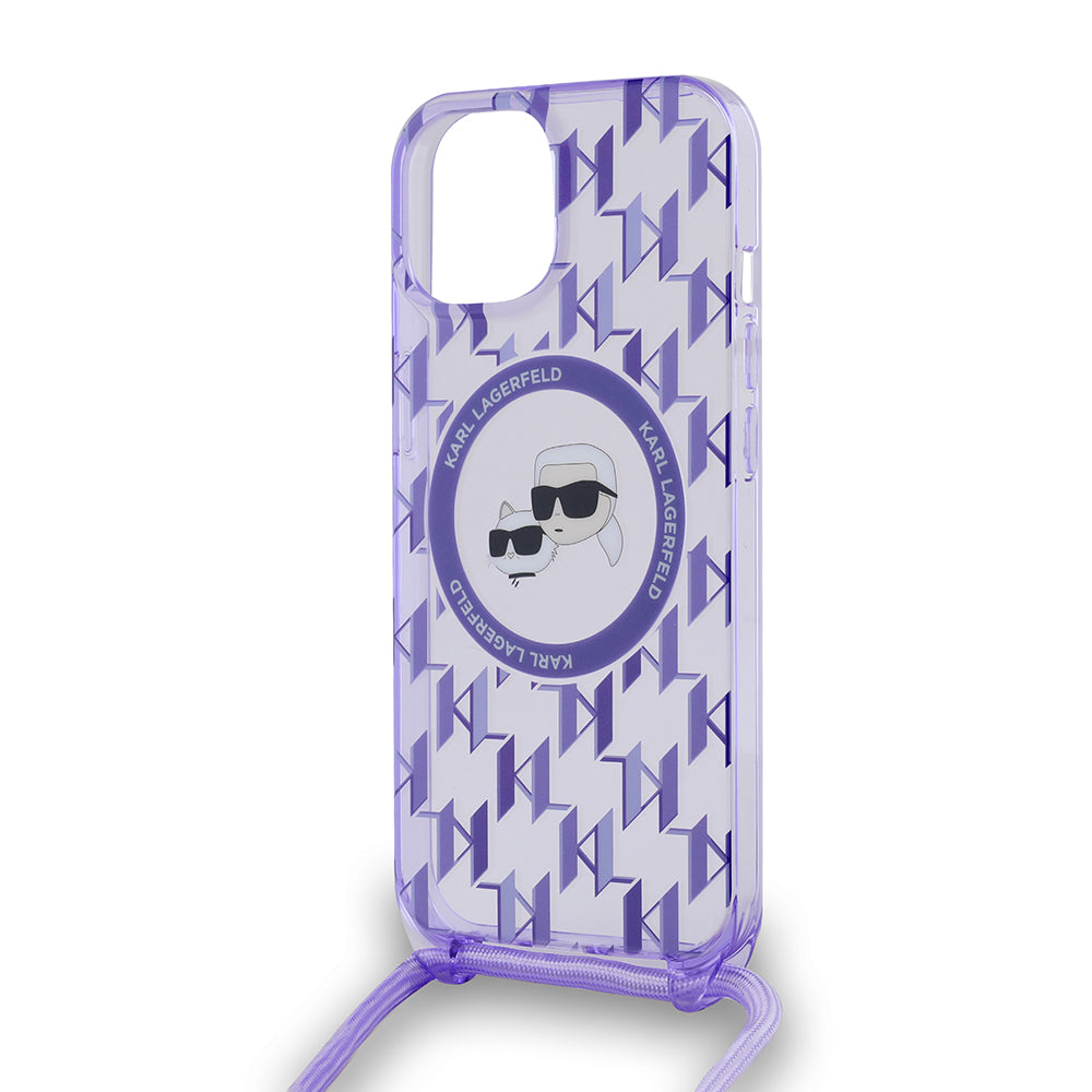 MagSafe Case for Apple iPhone 15, Karl Lagerfeld, IML Crossbody Monogram Karl & Choupette's Heads, Purple