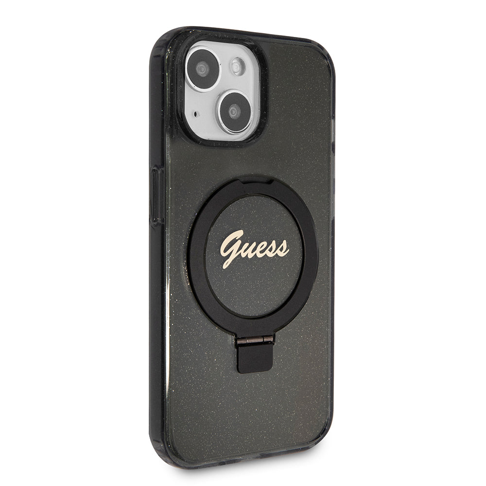 MagSafe Case for Apple iPhone 15 Plus, Guess, Ring Stand Script Glitter, Black