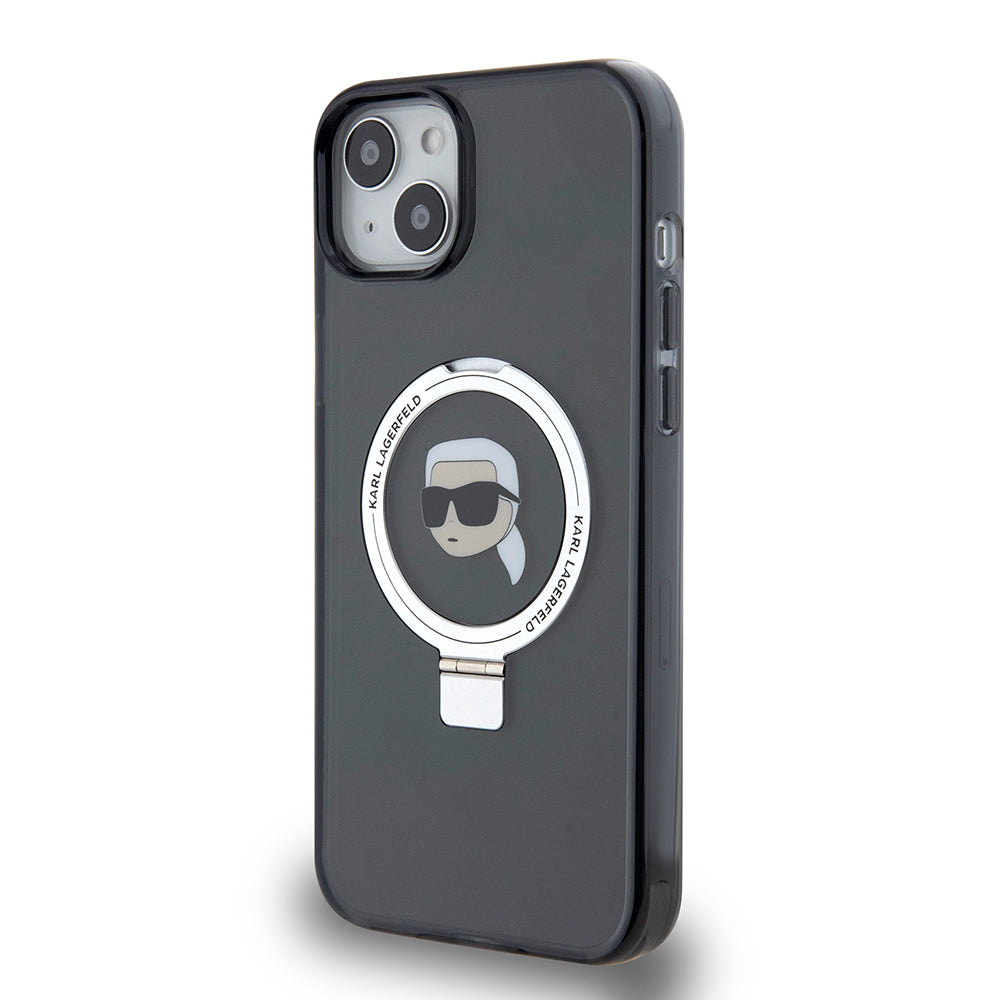 MagSafe Case for Apple iPhone 15 Plus, Karl Lagerfeld, Ring Stand Karl's Head, Black