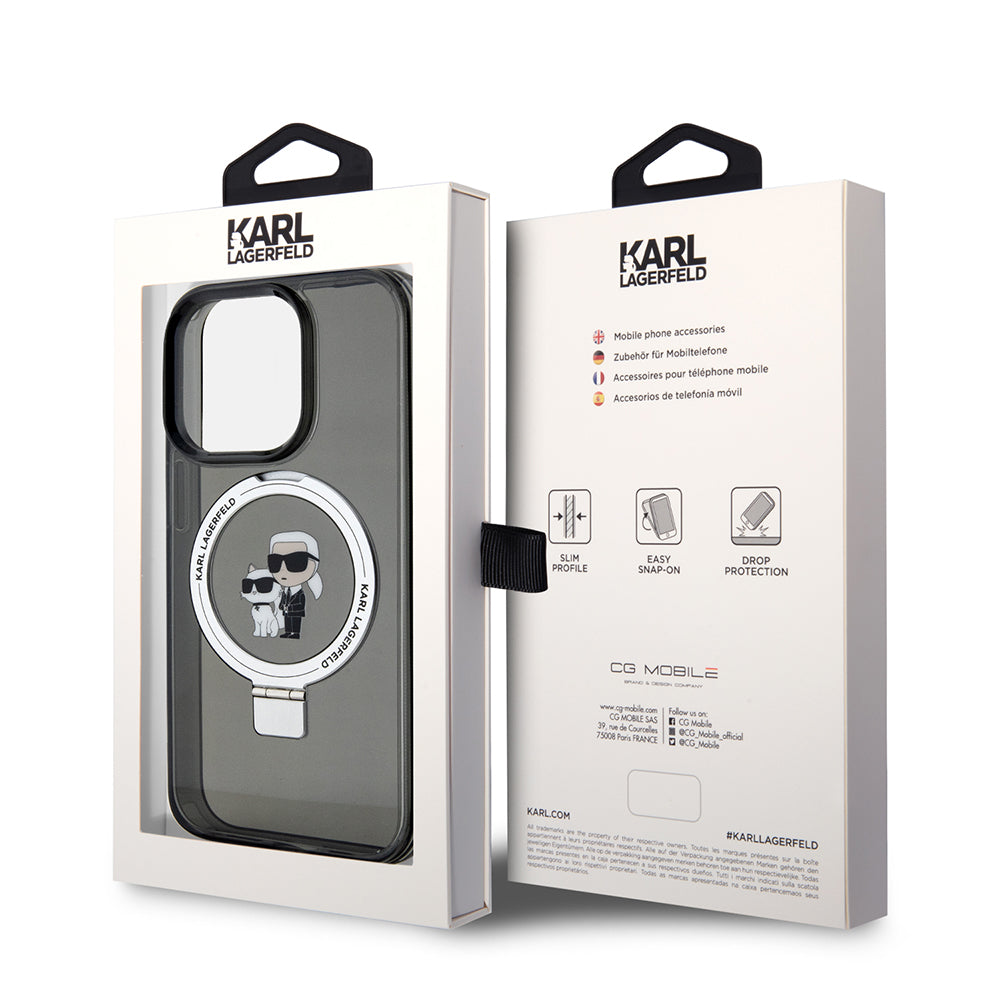 MagSafe Case for Apple iPhone 15 Pro, Karl Lagerfeld, Ring Stand Karl & Choupette, Black