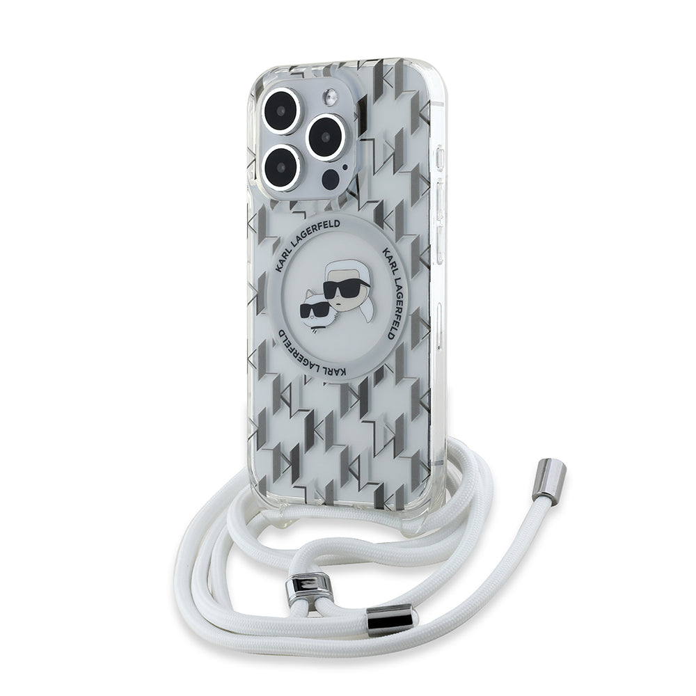 MagSafe Case for Apple iPhone 15 Pro Max, Karl Lagerfeld, IML Crossbody Monogram Karl & Choupette's Heads, Transparent