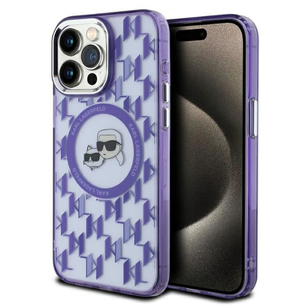 MagSafe Case for Apple iPhone 15 Pro Max, Karl Lagerfeld, IML Monogram Karl & Choupette's Heads, Purple