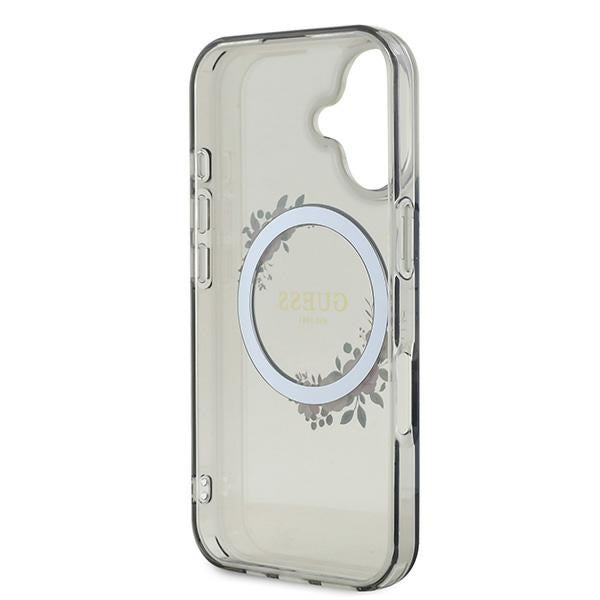 MagSafe Case for Apple iPhone 16, Guess, IML Flowers Wreath, Black