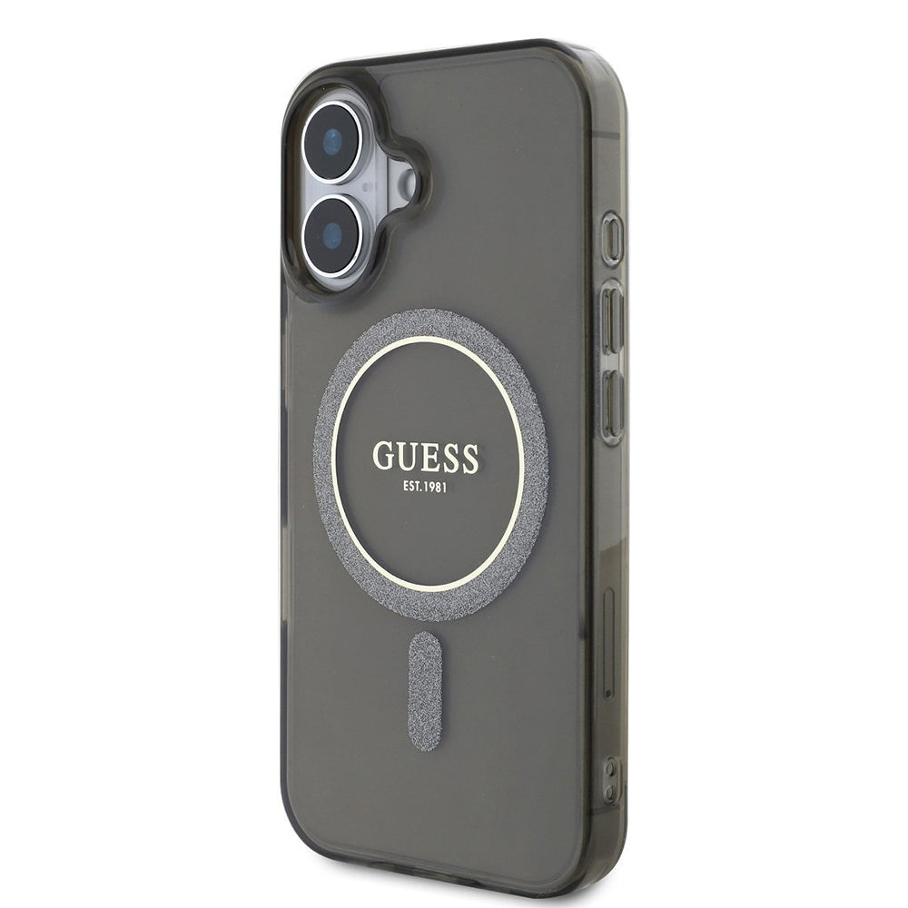 MagSafe Case for Apple iPhone 16, Guess, IML Glitter Circle, Black