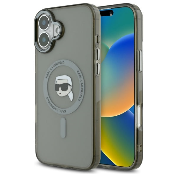 MagSafe Case for Apple iPhone 16, Karl Lagerfeld, IML Metal Karl's Head, Black