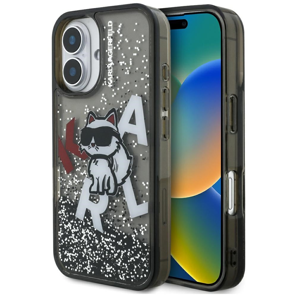 MagSafe Case for Apple iPhone 16, Karl Lagerfeld, Liquid Glitter Choupette Logo, Black