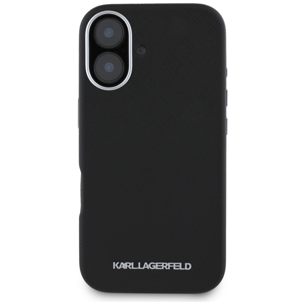 MagSafe Case for Apple iPhone 16, Karl Lagerfeld, Saffiano Full Wrapped Elongated Metal Logo, Black