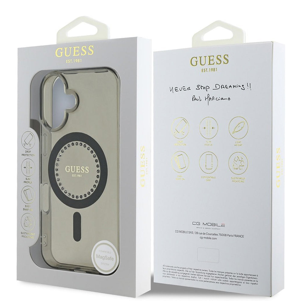 MagSafe Case for Apple iPhone 16 Plus, Guess, IML Rhinestone, Black