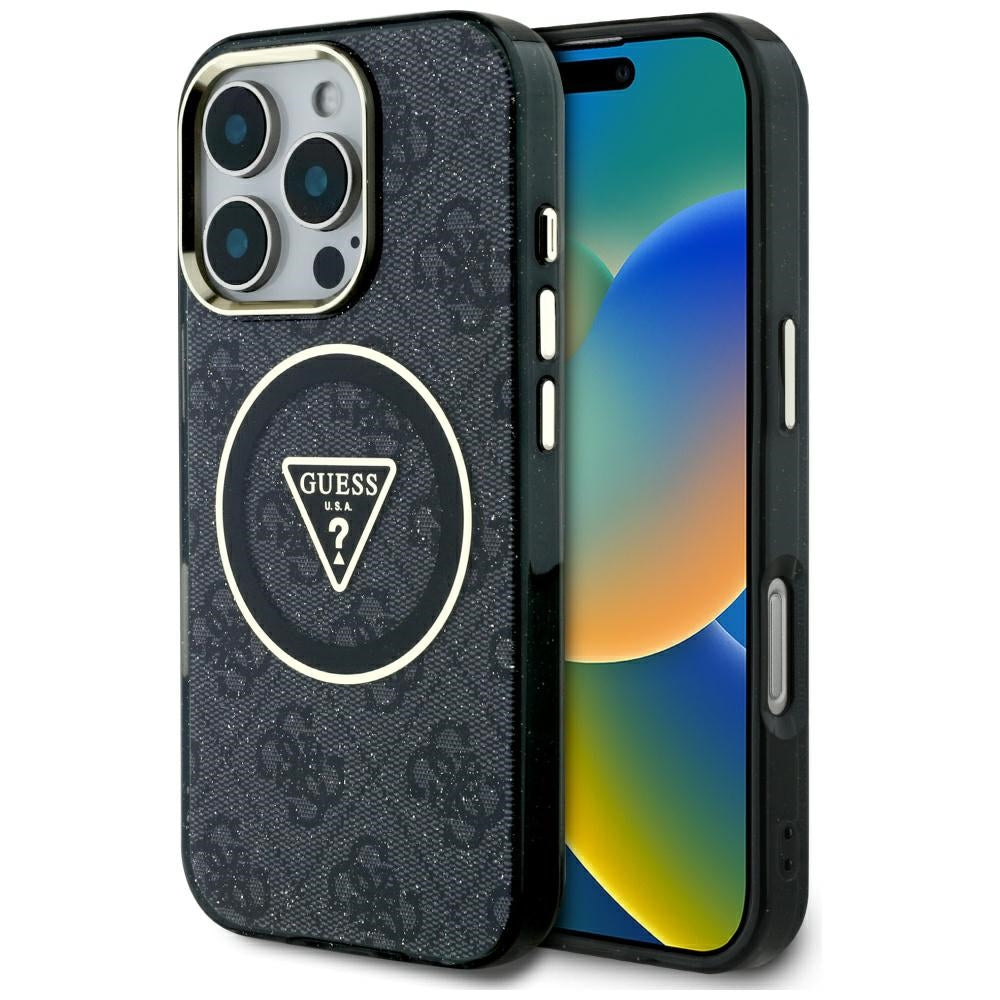 MagSafe Case for Apple iPhone 16 Pro, Guess, IML Glitter 4G Circle Triangle, Black