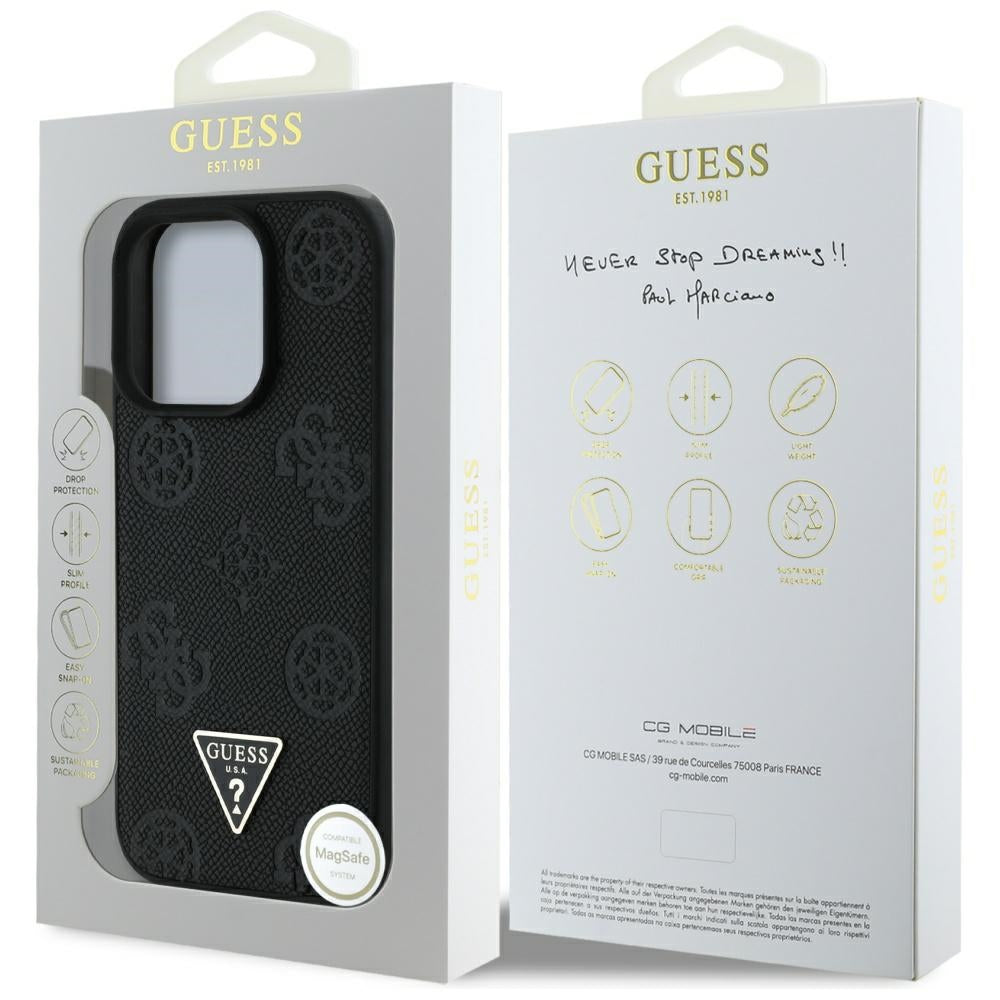 MagSafe Case for Apple iPhone 16 Pro, Guess, Peony Grained Hot Stamp Triangle, Black