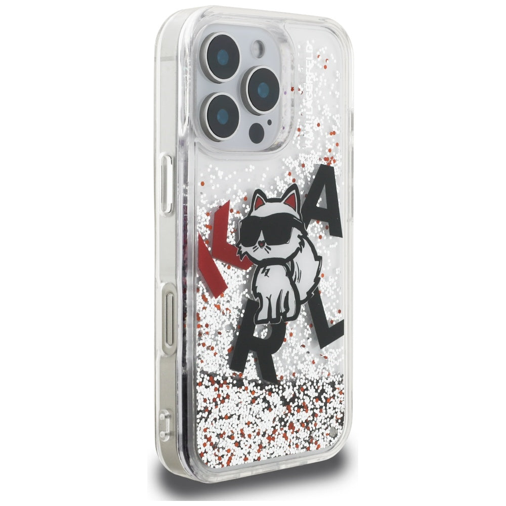 MagSafe Case for Apple iPhone 16 Pro, Karl Lagerfeld, Liquid Glitter Choupette Logo, Transparent