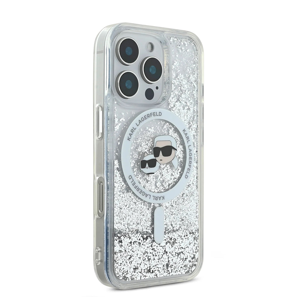 MagSafe Case for Apple iPhone 16 Pro, Karl Lagerfeld, Liquid Glitter Karl & Choupette's Heads, Transparent