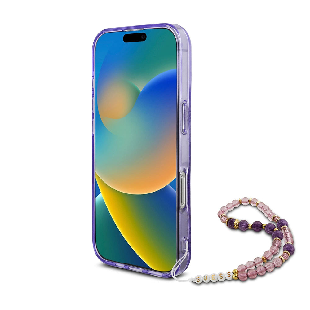 MagSafe Case for Apple iPhone 16 Pro Max, Guess, IML Flowers with Pearl Strap, Purple