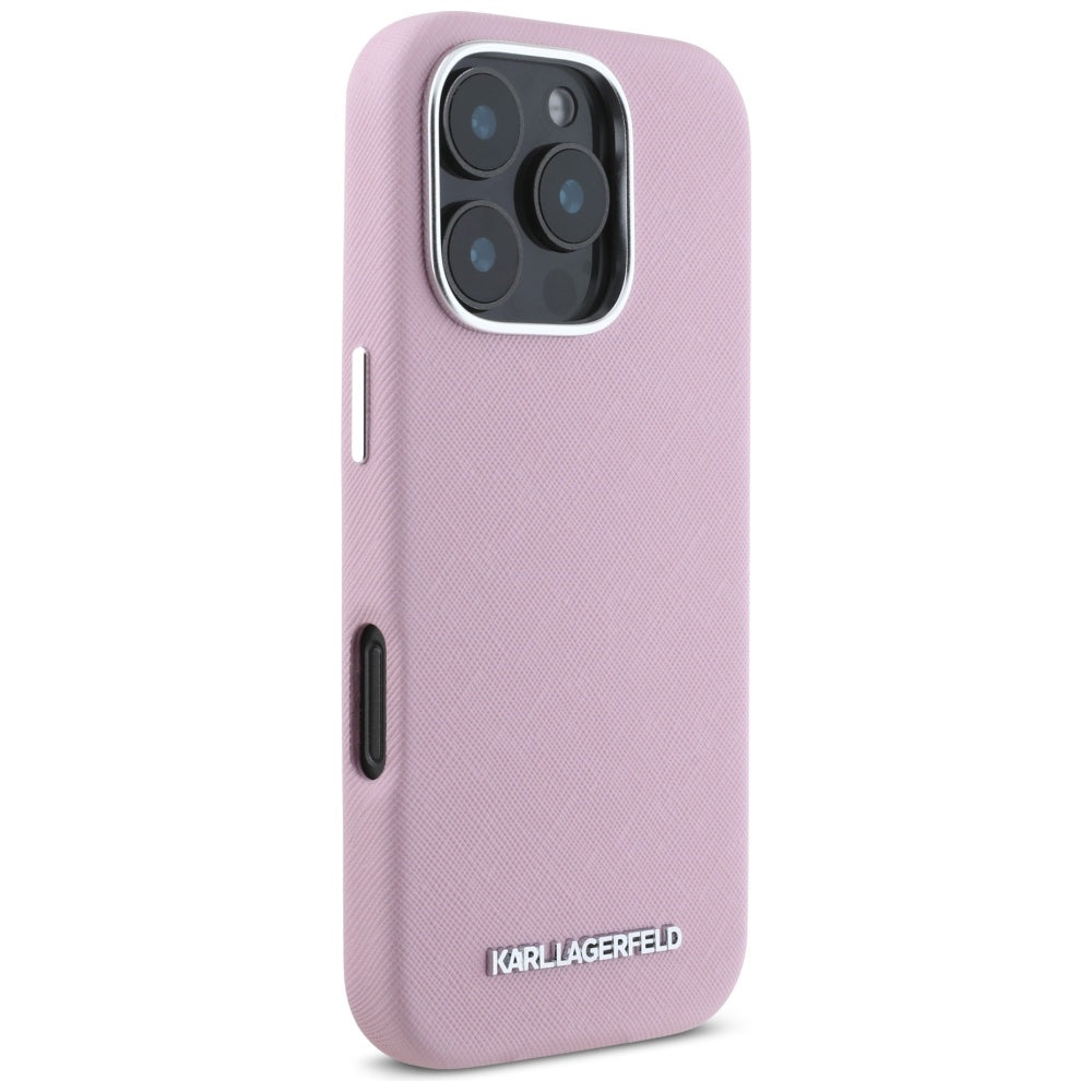 MagSafe Case for Apple iPhone 16 Pro Max, Karl Lagerfeld, Saffiano Full Wrapped Elongated Metal Logo, Pink