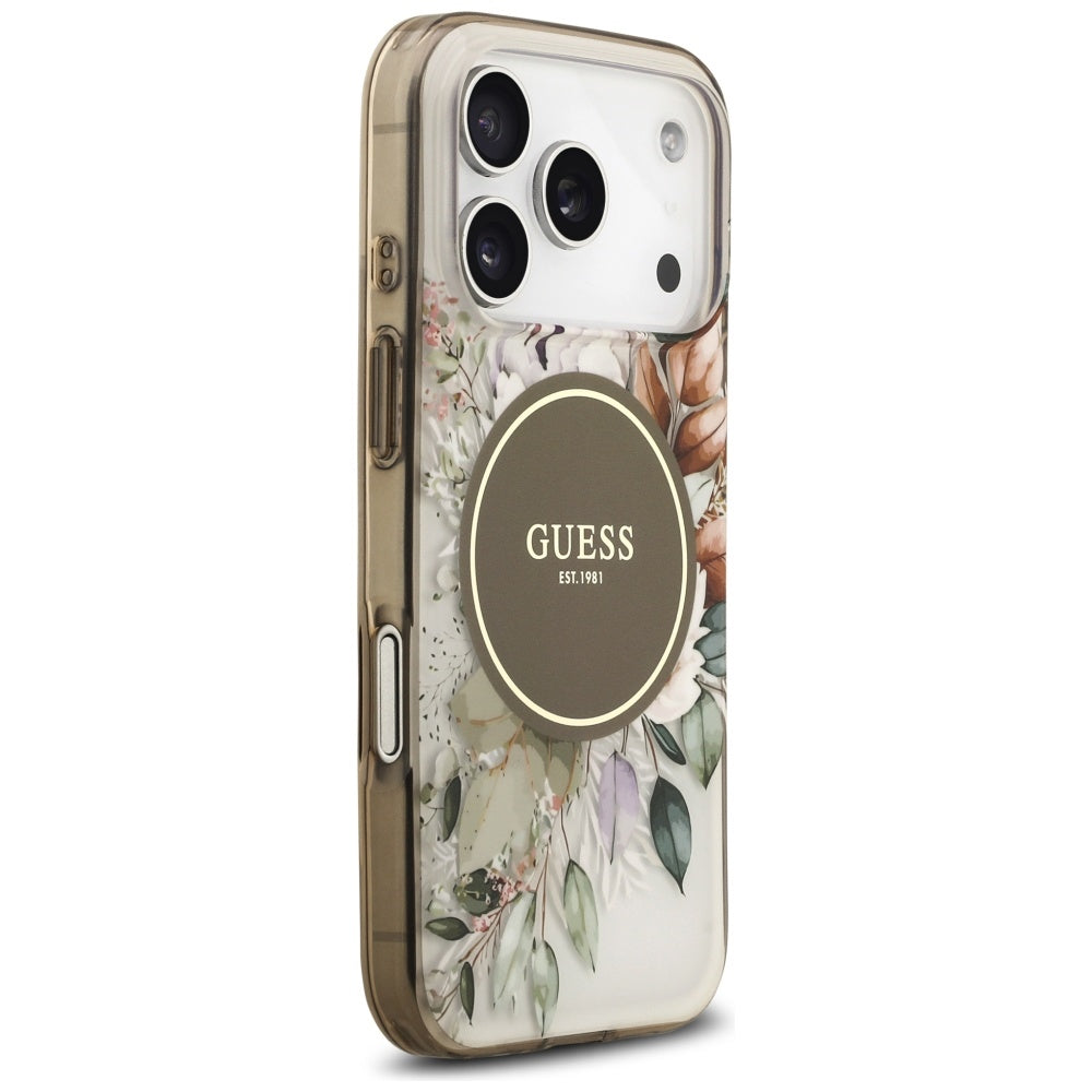 MagSafe Case for Apple iPhone 17 Pro, Guess, IML Flower and Tonal Circle, Brown