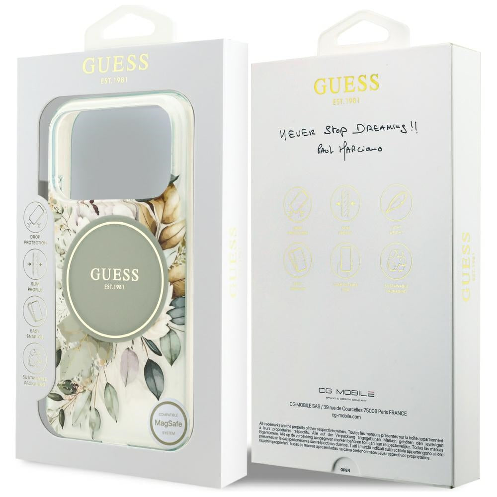 MagSafe Case for Apple iPhone 17 Pro, Guess, IML Flower and Tonal Circle, Green