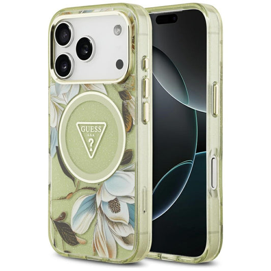MagSafe Case for Apple iPhone 17 Pro, Guess, IML Metal Glitter Flowers Triangle, Green