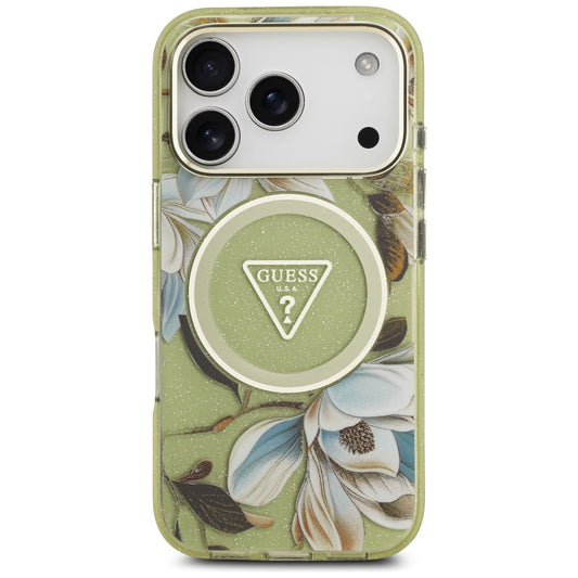 MagSafe Case for Apple iPhone 17 Pro, Guess, IML Metal Glitter Flowers Triangle, Green