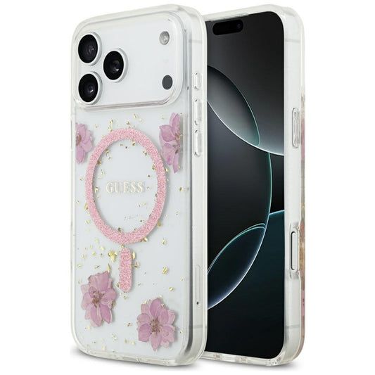 MagSafe Case for Apple iPhone 17 Pro, Guess, Resin Flowers and Glitter, Pink