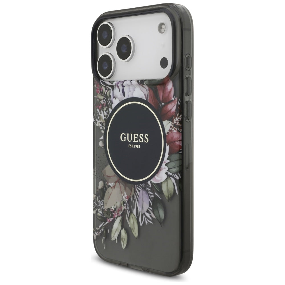 MagSafe Case for Apple iPhone 17 Pro Max, Guess, IML Flowers with Pearl Strap, Black