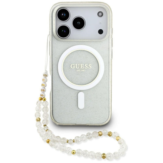 MagSafe Case for Apple iPhone 17 Pro Max, Guess, IML Glitter with Pearl Strap, Transparent