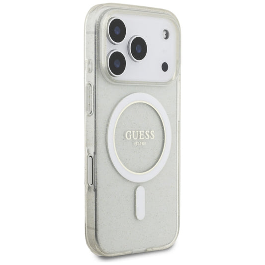 MagSafe Case for Apple iPhone 17 Pro Max, Guess, IML Glitter with Pearl Strap, Transparent