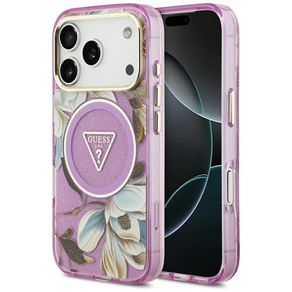 MagSafe Case for Apple iPhone 17 Pro Max, Guess, IML Metal Glitter Flowers Triangle, Purple